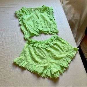 NWT Tularosa green eyelet lace ruffle tank shorts set Revolve